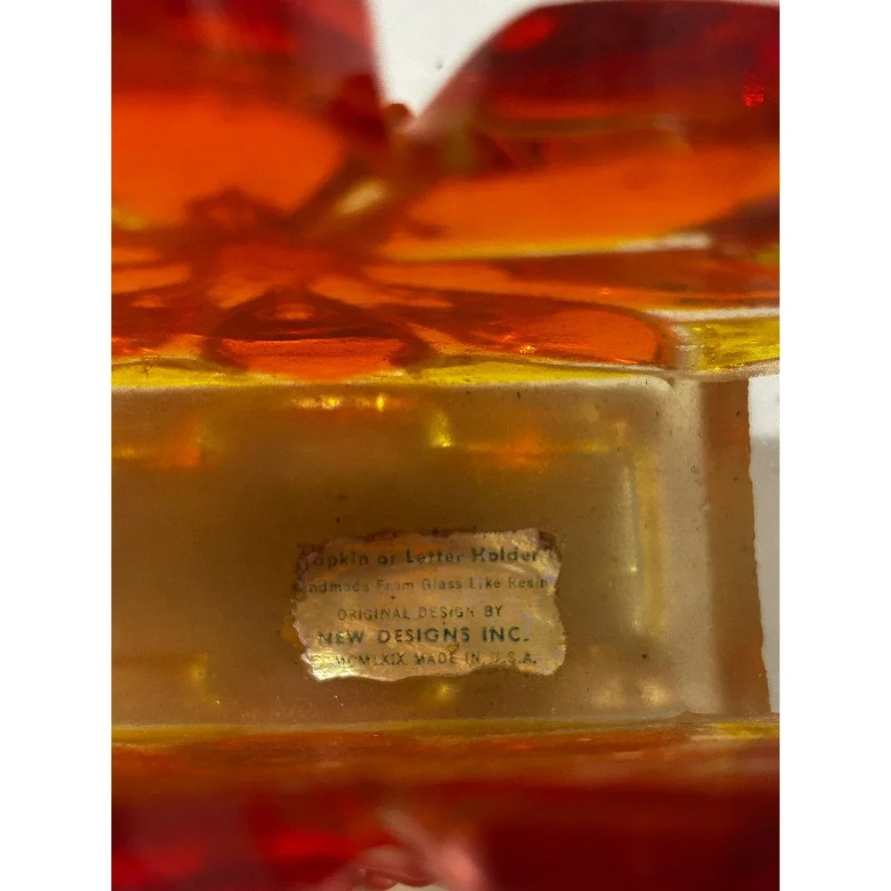 Vintage 1969 New Designs Inc Orange Resin Flower Napkin Letter Holder MCM USA